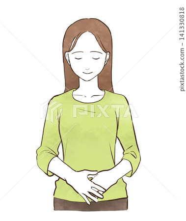 一位年輕女子麵帶微笑，將手放在下腹部——水彩風格的手繪插圖。 141330818