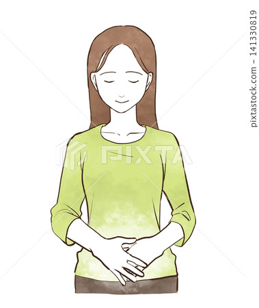 一位年輕女子麵帶微笑,將手放在下腹部——水彩風格的手繪插圖。 一位年輕女子麵帶微笑,將手放在下腹部——水彩風格的手繪插圖。 141330819