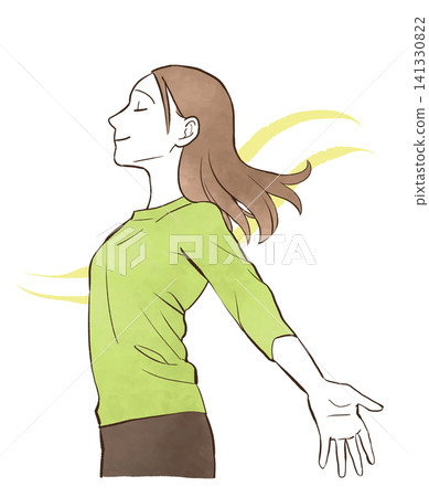 一位年輕女子張開雙臂深吸一口氣——水彩風格的手繪插圖。 一位年輕女子張開雙臂深吸一口氣——水彩風格的手繪插圖。 141330822