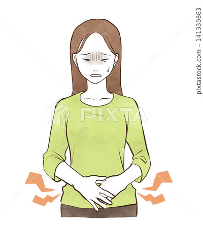 A hand-drawn watercolor-style illustration of a young woman experiencing lower abdominal pain. A hand-drawn watercolor-style illustration of a young woman experiencing lower abdominal pain. 141330863