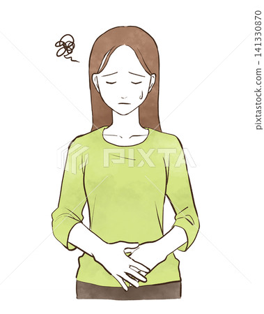 A young woman with her hand on her lower abdomen, looking troubled. (Hand-drawn watercolor illustration) A young woman with her hand on her lower abdomen, looking troubled. (Hand-drawn watercolor illustration) 141330870