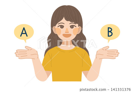 An illustration of a woman smiling and proposing options A and B. An illustration of a woman smiling and proposing options A and B. 141331376