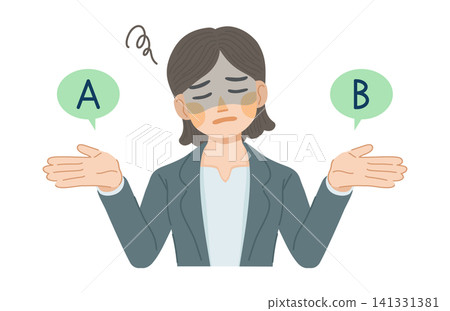 An illustration of a woman in a suit who is feeling uneasy about options A and B. An illustration of a woman in a suit who is feeling uneasy about options A and B. 141331381