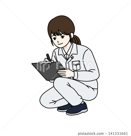 Female worker in white work uniform, writing on a board. Female worker in white work uniform, writing on a board. 141331681