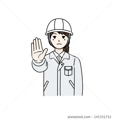 女工,戴安全帽,身穿白色工作服,停止 女工,戴安全帽,身穿白色工作服,停止 141331732