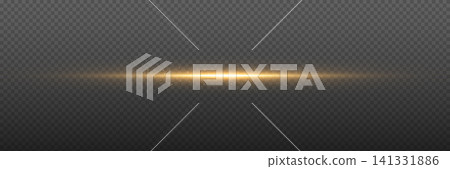 Glow light. Golden flare isolated on transparent background. Glowing horizontal beam with sparkling particles. Magic gold line for banner, overlay or greeting card. Vector Illustration Glow light. Golden flare isolated on transparent background. Glowing horizontal beam with sparkling particles. Magic gold line for banner, overlay or greeting card. Vector Illustration 141331886