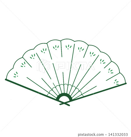 A cute Japanese-style illustration of a fan with a small floral pattern (white x green). 141332033
