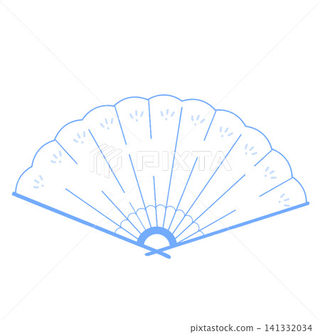 A cute Japanese-style illustration of a fan with a small floral pattern (white x light blue). 141332034