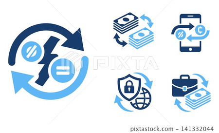 Set of digital financial exchange and secure money transfer icons with exchange transaction transfer business illustration Set of digital financial exchange and secure money transfer icons with exchange transaction transfer business illustration 141332044