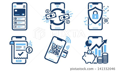 Mobile banking and digital payment interface icon set with transfer exchange security scanning piggybank business commerce Mobile banking and digital payment interface icon set with transfer exchange security scanning piggybank business commerce 141332046