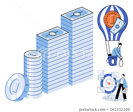Stacks of money and business people with a target vector illustration. Investment, wealth management, financial planning, corporate strategy, economic growth, goal achievement. Currency piles Stacks of money and business people with a target vector illustration. Investment, wealth management, financial planning, corporate strategy, economic growth, goal achievement. Currency piles 141332100