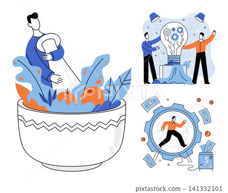 People interacting with a fruit bowl, lightbulb, and gear mechanism vector illustration. Productivity, creativity, wellness, financial growth, teamwork, success. Characters engaging with abstract People interacting with a fruit bowl, lightbulb, and gear mechanism vector illustration. Productivity, creativity, wellness, financial growth, teamwork, success. Characters engaging with abstract 141332101