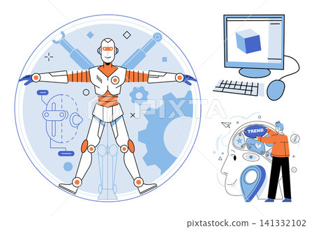 Humanoid robot and digital design process vector illustration. Technology, innovation, automation, software development, creative engineering, future research. Cybernetic machine and computer 141332102