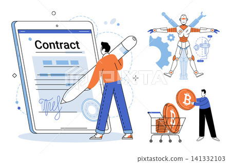 Man signing a digital contract with a robot and shopping with bitcoin vector illustration. Business, technology, finance, automation, innovation, digital commerce. Person executing agreement Man signing a digital contract with a robot and shopping with bitcoin vector illustration. Business, technology, finance, automation, innovation, digital commerce. Person executing agreement 141332103