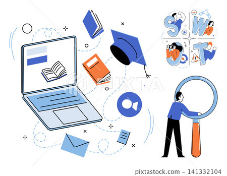 Laptop with books and graduation cap alongside a person using a magnifying glass for SWOT analysis vector illustration. E-learning, business planning, academic research, strategy, development 141332104