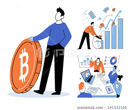 People interacting with bitcoin and financial charts vector illustration. Digital currency, market growth, investment strategy, corporate meeting, data analysis, financial planning. Investors People interacting with bitcoin and financial charts vector illustration. Digital currency, market growth, investment strategy, corporate meeting, data analysis, financial planning. Investors 141332105