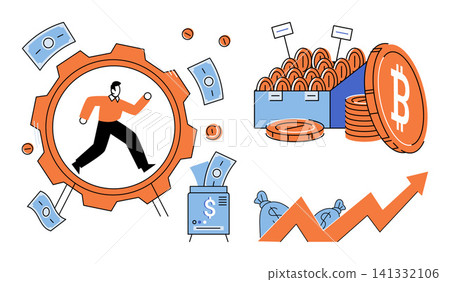 Person running inside a gear with money and bitcoin coins vector illustration. Investment, finance, digital currency, wealth management, market growth, economic success. Businessman moving in Person running inside a gear with money and bitcoin coins vector illustration. Investment, finance, digital currency, wealth management, market growth, economic success. Businessman moving in 141332106