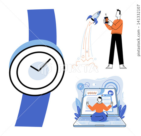 Wristwatch, rocket launch, and person meditating on a laptop screen vector illustration. Productivity, time management, startup, mindfulness, digital work, business planning. Clock, startup Wristwatch, rocket launch, and person meditating on a laptop screen vector illustration. Productivity, time management, startup, mindfulness, digital work, business planning. Clock, startup 141332107