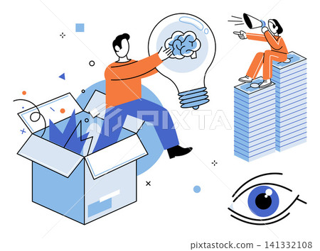 People interacting with a lightbulb and megaphone vector illustration. Innovation, business growth, creative strategy, problem solving, marketing communication, teamwork. Characters developing ideas People interacting with a lightbulb and megaphone vector illustration. Innovation, business growth, creative strategy, problem solving, marketing communication, teamwork. Characters developing ideas 141332108
