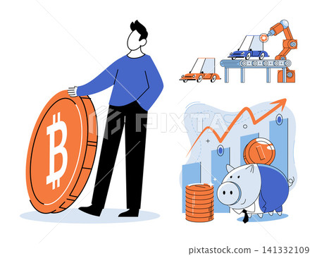 Man standing with a large bitcoin coin, car assembly line, and piggy bank with growth chart vector illustration. Finance, manufacturing, technology, savings, production, investment. Digital currency Man standing with a large bitcoin coin, car assembly line, and piggy bank with growth chart vector illustration. Finance, manufacturing, technology, savings, production, investment. Digital currency 141332109