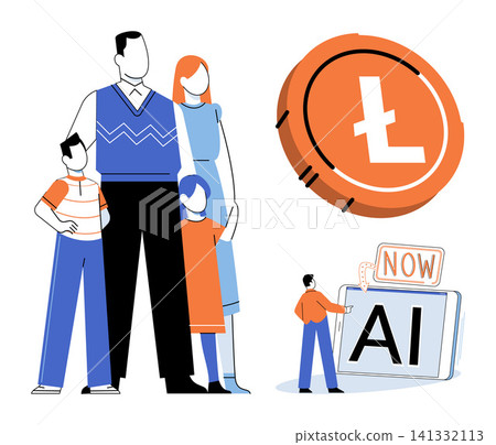 A family standing next to a Litecoin coin and a person using an AI tablet vector illustration. Finance, digital currency, future technology, investment, family planning, innovation. Crypto assets A family standing next to a Litecoin coin and a person using an AI tablet vector illustration. Finance, digital currency, future technology, investment, family planning, innovation. Crypto assets 141332113