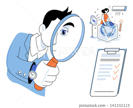 Man with magnifying glass and woman cooling earth vector illustration. Environmental protection, global warming, climate research, sustainability, ecological crisis, data analysis. Scientist 141332115