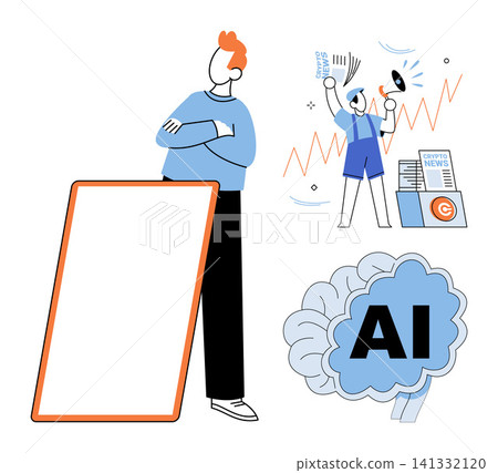 Man standing with blank board, crypto news reporter and AI brain icon vector illustration. Marketing, technology, finance, digital transformation, data analysis, innovation. Person with sign Man standing with blank board, crypto news reporter and AI brain icon vector illustration. Marketing, technology, finance, digital transformation, data analysis, innovation. Person with sign 141332120