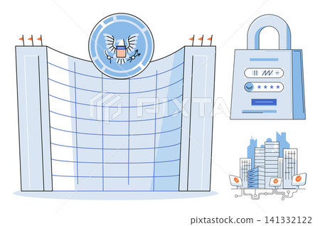 Government building with eagle emblem, digital padlock, and city network vector illustration. Cybersecurity, national infrastructure, data protection, public safety, urban technology, privacy 141332122