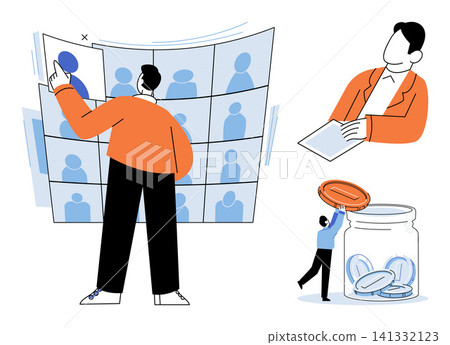 People managing digital teams and saving money vector illustration. Remote work, corporate leadership, financial planning, investment, team coordination, savings. Professionals organizing virtual People managing digital teams and saving money vector illustration. Remote work, corporate leadership, financial planning, investment, team coordination, savings. Professionals organizing virtual 141332123