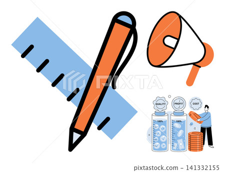 Ruler pen megaphone and financial growth icons vector illustration. Marketing strategy, business planning, financial management, project development, corporate growth, investment analysis. Drafting Ruler pen megaphone and financial growth icons vector illustration. Marketing strategy, business planning, financial management, project development, corporate growth, investment analysis. Drafting 141332155