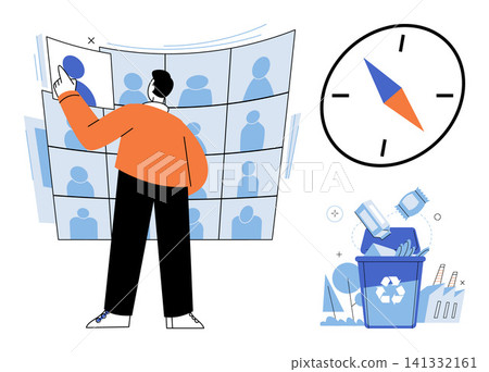 Person selecting team members on a digital screen with compass and recycling bin vector illustration. Corporate planning, human resources, sustainability, navigation, teamwork, waste management 141332161