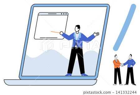 Teacher presenting on a laptop screen and businessmen shaking hands vector illustration. E-learning, remote work, corporate training, digital communication, professional development, partnership Teacher presenting on a laptop screen and businessmen shaking hands vector illustration. E-learning, remote work, corporate training, digital communication, professional development, partnership 141332244