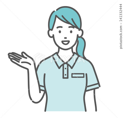 An illustration of a female staff member in a polo shirt (caregiver/explanation) smiling as she guides and introduces staff. An illustration of a female staff member in a polo shirt (caregiver/explanation) smiling as she guides and introduces staff. 141332444