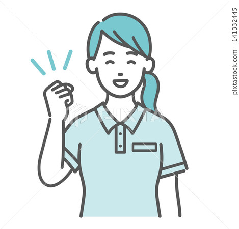 An illustration of a female staff member in a polo shirt smiling and making a victory pose (caregiver - achievement). An illustration of a female staff member in a polo shirt smiling and making a victory pose (caregiver - achievement). 141332445