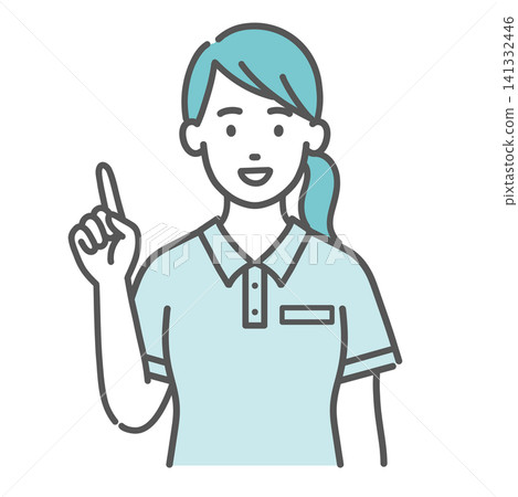 插圖中,一名身穿polo衫的女工作人員(護理人員/指點員)舉起食指,表示建議或給予意見。 插圖中,一名身穿polo衫的女工作人員(護理人員/指點員)舉起食指,表示建議或給予意見。 141332446