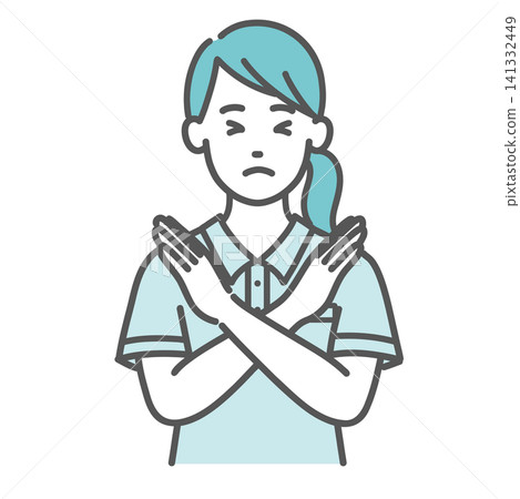 插圖中一名身穿polo衫的女工作人員用雙臂比劃出“X”形(護理人員 - 禁止)。 插圖中一名身穿polo衫的女工作人員用雙臂比劃出“X”形(護理人員 - 禁止)。 141332449