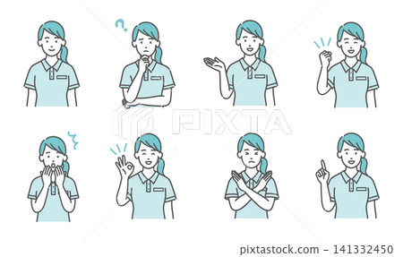 一套八張身穿polo衫的女性工作人員(護理員/福利工作者)的面部表情和姿勢照片 一套八張身穿polo衫的女性工作人員(護理員/福利工作者)的面部表情和姿勢照片 141332450