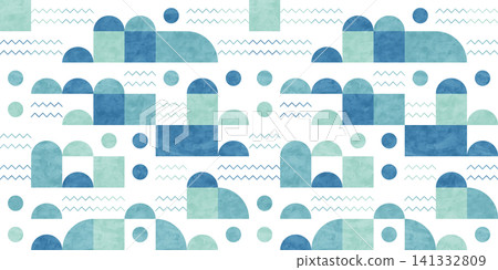 Watercolor pattern background of the sea (islands and waves), pale blue geometric landscape illustration. 141332809