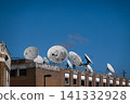 Parabolic antennas designed to receive or transmit radio wave information. They are mounted on a brick building under a clear blue sky 141332928