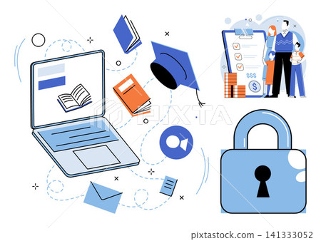 Laptop with books, graduation cap, family with budget, and padlock vector illustration. E-learning, digital security, financial planning, academic success, data protection, family budget. Computer Laptop with books, graduation cap, family with budget, and padlock vector illustration. E-learning, digital security, financial planning, academic success, data protection, family budget. Computer 141333052