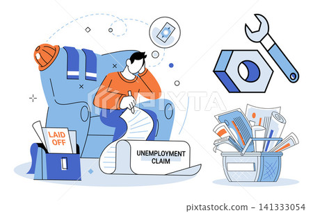 A person filling out an unemployment claim form vector illustration. Job loss, financial crisis, economic recession, career change, social welfare, government assistance. Individual completing 141333054