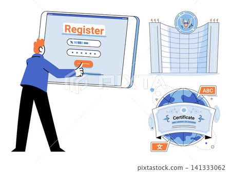 Person registering on a digital tablet and official certification icons vector illustration. Education, verification, global access, account security, document validation, digital identity. User Person registering on a digital tablet and official certification icons vector illustration. Education, verification, global access, account security, document validation, digital identity. User 141333062
