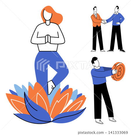 People performing yoga, shaking hands, and holding bitcoin vector illustration. Wellness, mindfulness, business partnership, financial success, cryptocurrency, teamwork. Characters engaged in healthy People performing yoga, shaking hands, and holding bitcoin vector illustration. Wellness, mindfulness, business partnership, financial success, cryptocurrency, teamwork. Characters engaged in healthy 141333069