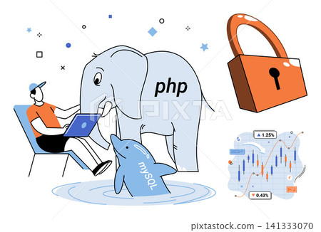 Developer working with PHP elephant and MySQL dolphin icons vector illustration. Programming, database management, web security, software engineering, data analysis, backend coding. Coder using Developer working with PHP elephant and MySQL dolphin icons vector illustration. Programming, database management, web security, software engineering, data analysis, backend coding. Coder using 141333070