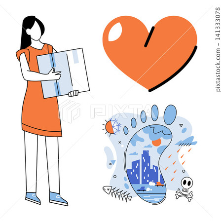 Woman holding a box next to a heart and an ecological footprint vector illustration. Sustainability, carbon footprint, environmental awareness, climate change, pollution, nature conservation. Female Woman holding a box next to a heart and an ecological footprint vector illustration. Sustainability, carbon footprint, environmental awareness, climate change, pollution, nature conservation. Female 141333078