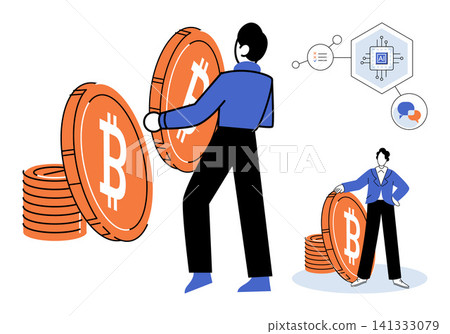 Person stacking bitcoin coins with artificial intelligence icons vector illustration. Finance, digital currency, blockchain technology, investment, crypto mining, automated trading. Investor managing Person stacking bitcoin coins with artificial intelligence icons vector illustration. Finance, digital currency, blockchain technology, investment, crypto mining, automated trading. Investor managing 141333079