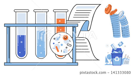 Test tubes in a rack with petri dish and recycling icons vector illustration. Science, ecology, sustainability, waste management, laboratory analysis, green energy. Scientific glassware and trash bin Test tubes in a rack with petri dish and recycling icons vector illustration. Science, ecology, sustainability, waste management, laboratory analysis, green energy. Scientific glassware and trash bin 141333080