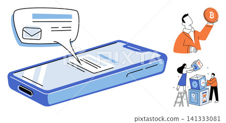 Smartphone with email notification and people working with bitcoin and blocks vector illustration. Finance, technology, digital marketing, teamwork, investment, communication. Mobile messaging Smartphone with email notification and people working with bitcoin and blocks vector illustration. Finance, technology, digital marketing, teamwork, investment, communication. Mobile messaging 141333081