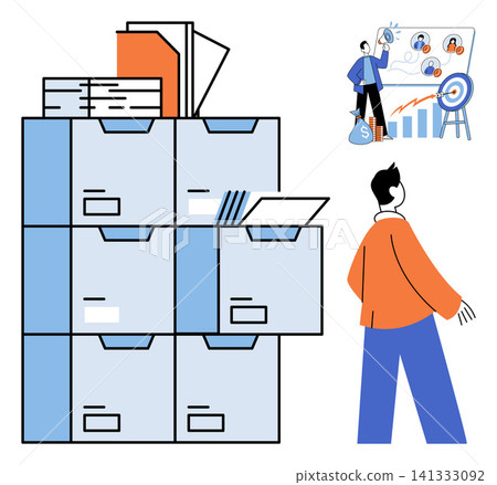Filing cabinet with documents and business team planning strategy vector illustration. Management, organization, productivity, teamwork, goal setting, corporate growth. Office storage unit Filing cabinet with documents and business team planning strategy vector illustration. Management, organization, productivity, teamwork, goal setting, corporate growth. Office storage unit 141333092