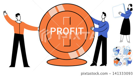 Business people holding a large profit coin symbol vector illustration. Financial growth, investment success, corporate strategy, economic development, wealth management, market analysis Business people holding a large profit coin symbol vector illustration. Financial growth, investment success, corporate strategy, economic development, wealth management, market analysis 141333093